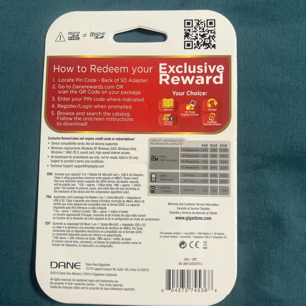 Dane 3-In-1 Mobile Kit 32 GB Micro SDHC Card With USB Adapter and SD Adapter New